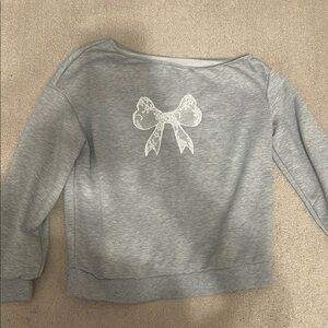 Gray off the shoulder Sweatshirt with White Bow Design